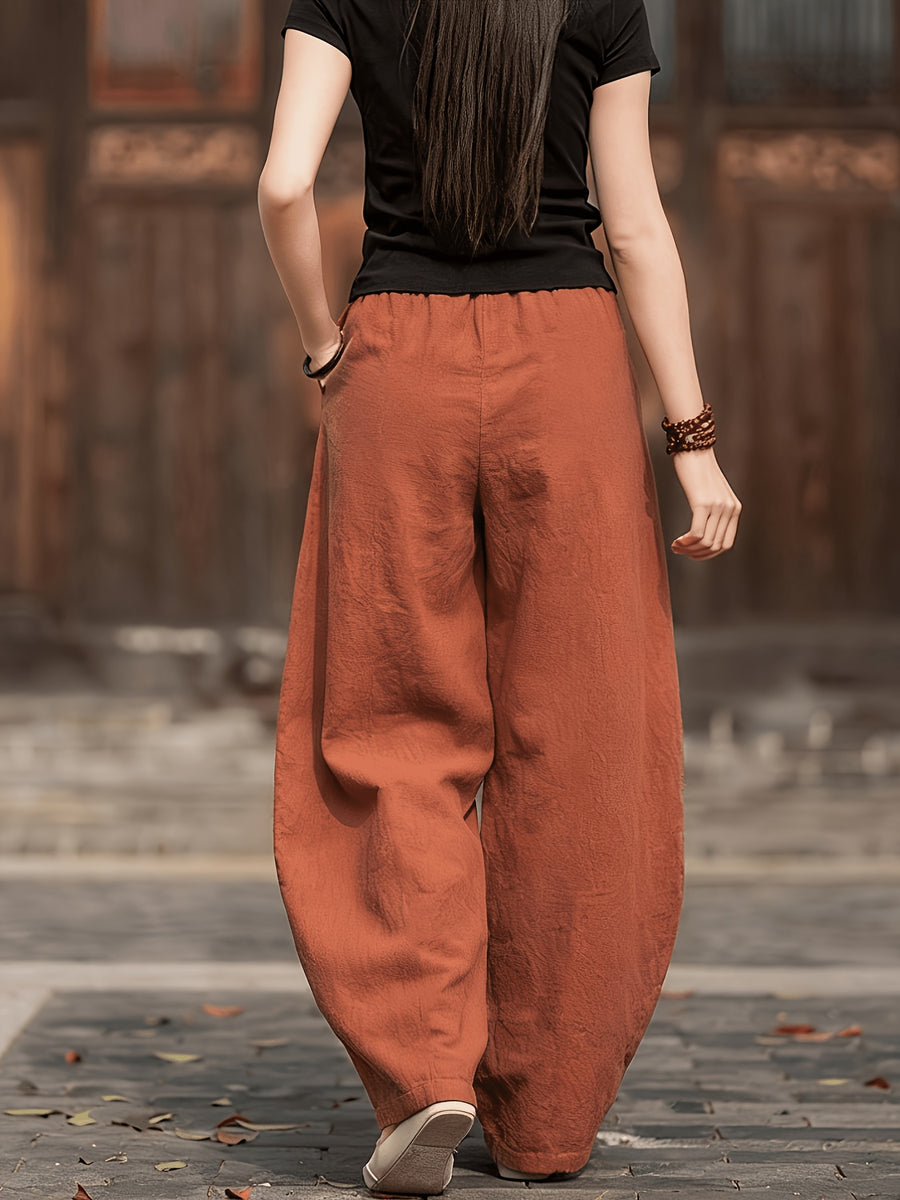 Summer Women'S Harem Pants Elastic Waist Lightweight Fabric All-Season And Wide-Leg Pants Solid Color Casual Trousers - Brick Red