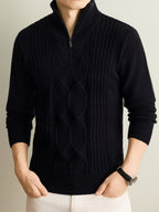 Autumn Winter Knit 3D Solid Half-Zip Stand Collar Sweater, Basic Knit Pullover Top for Men, Fashionable Long Sleeve Sweater, Size S - Black