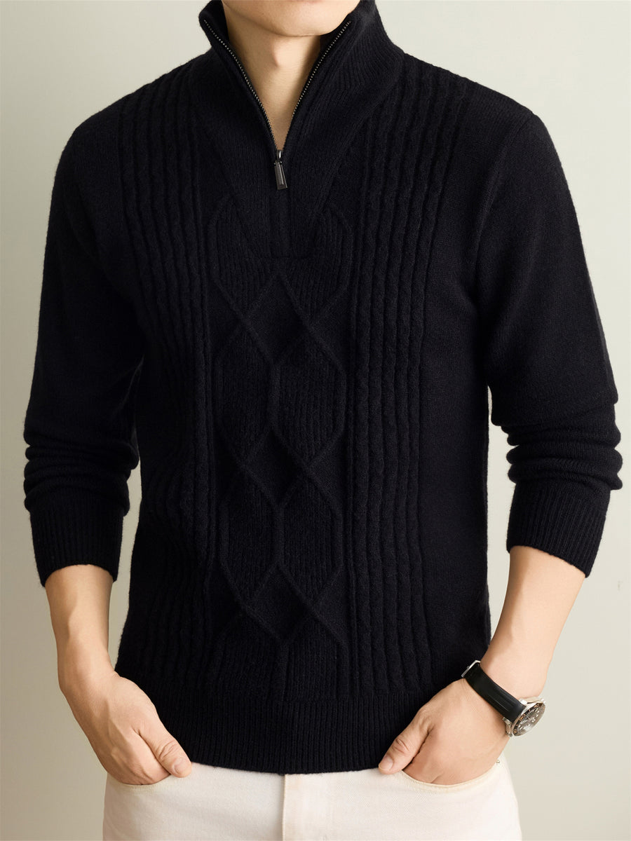 Autumn Winter Knit 3D Solid Half-Zip Stand Collar Sweater, Basic Knit Pullover Top for Men, Fashionable Long Sleeve Sweater, Size S - Black