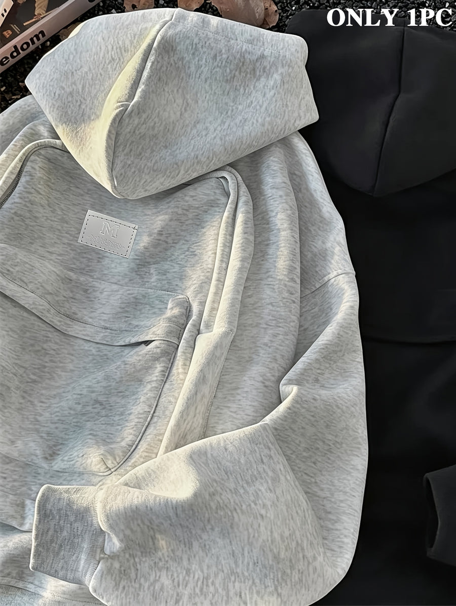 Men's Preppy Style Cropped Jacket with 3D Backpack Hooded Cardigan, Loose-Fit Trendy Outerwear, Autumn/Winter Niche Design Zip-Up Jacket - Grey
