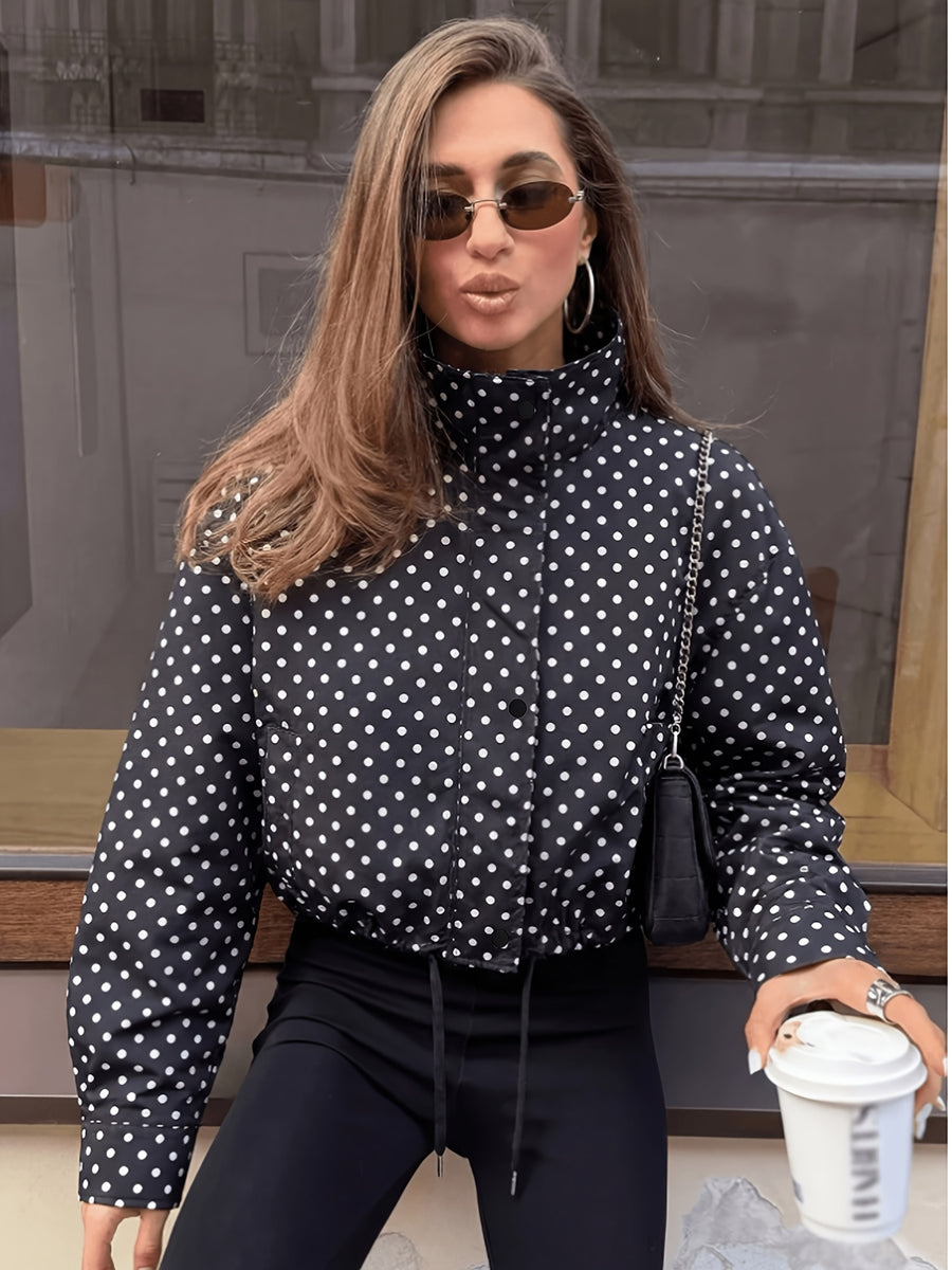 Women's Casual Polka Dot Long Sleeve Loose Fit Jacket, Spring Fashion Stand Collar Zipper Outerwear - Black