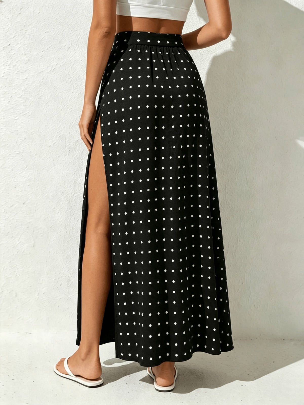 Women's High-Waist Skirt with Dual Slit Draped Design - Solid Color Stretchable Midi Skirt Suitable for Daily Commute, Dates, Parties, Machine Washable Spring Summer Fall Outfits, Non- Elastic Skirt for & Vacations - Black Dots