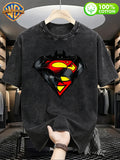 Warner Bros. Official  & Superman Classic Fusion S Logo Print Washed T-Shirt, American Vintage Streetwear Round Neck Short Sleeve, Men's 100% Pure Cotton Washed Casual Comfortable Versatile Loose Summer Short Sleeve T-Shirt, Suitable for Outdoor - Black
