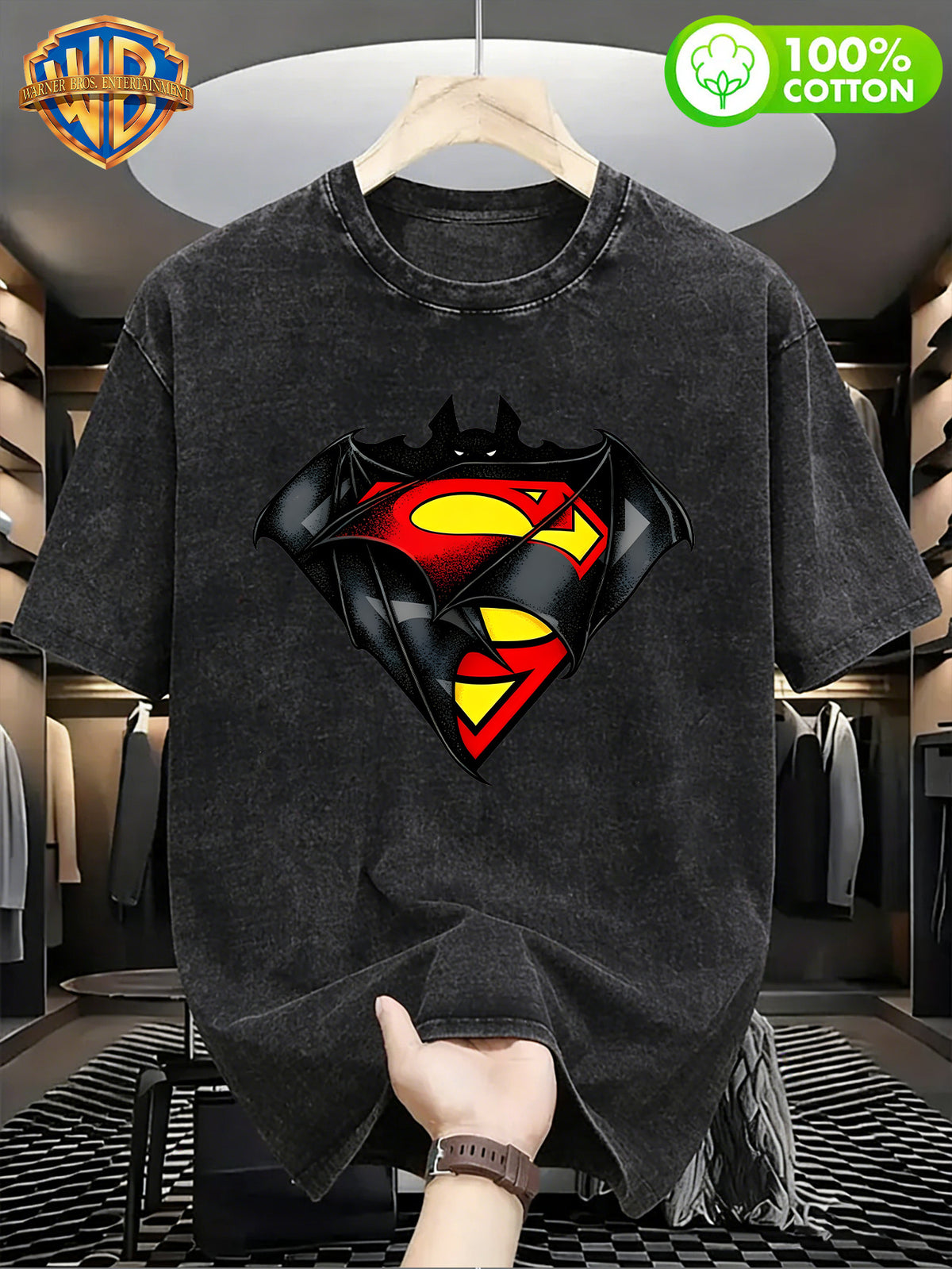 Warner Bros. Official  & Superman Classic Fusion S Logo Print Washed T-Shirt, American Vintage Streetwear Round Neck Short Sleeve, Men's 100% Pure Cotton Washed Casual Comfortable Versatile Loose Summer Short Sleeve T-Shirt, Suitable for Outdoor - Black