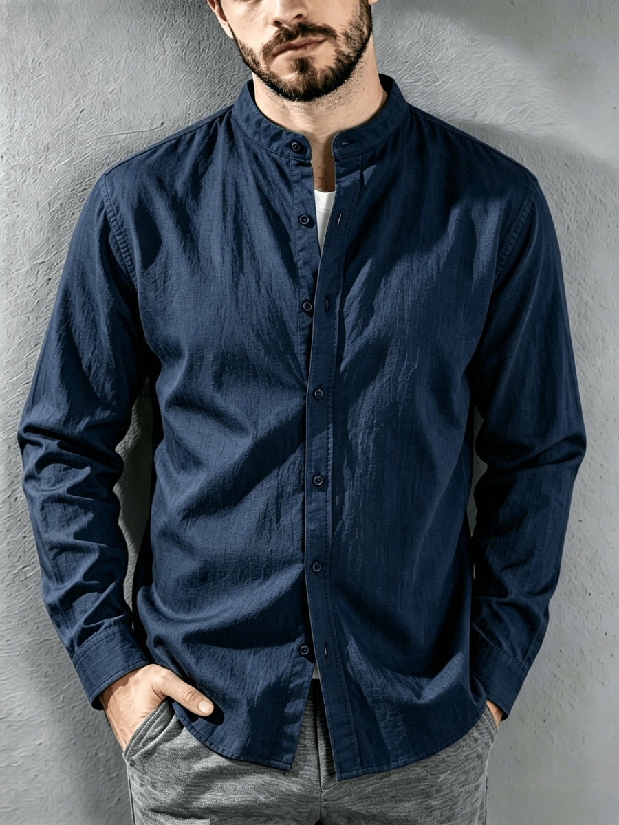 [Know And Give OBM] Men'S Long Sleeve Button-Casual Beach Shirt - Spring Summer Autumn, Commute Style, Light Mature Casual, All-Match Top, Beach Wear, Stand Collar Shirt with Relaxed Fit, Men'S Solid Color, Comfortable Top - Navy Color