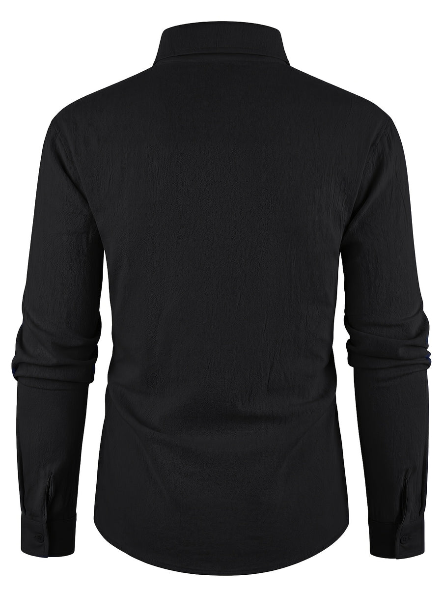 5pcs Men's New Spring/Autumn Thin Loose-Fit Comfortable Lapel Solid Color Basic Linen Long-Sleeve Shirt for Daily Commuting, Fitness, Sports, Home, Leisure, Trendy Fashion Button-Up Top - Mix C