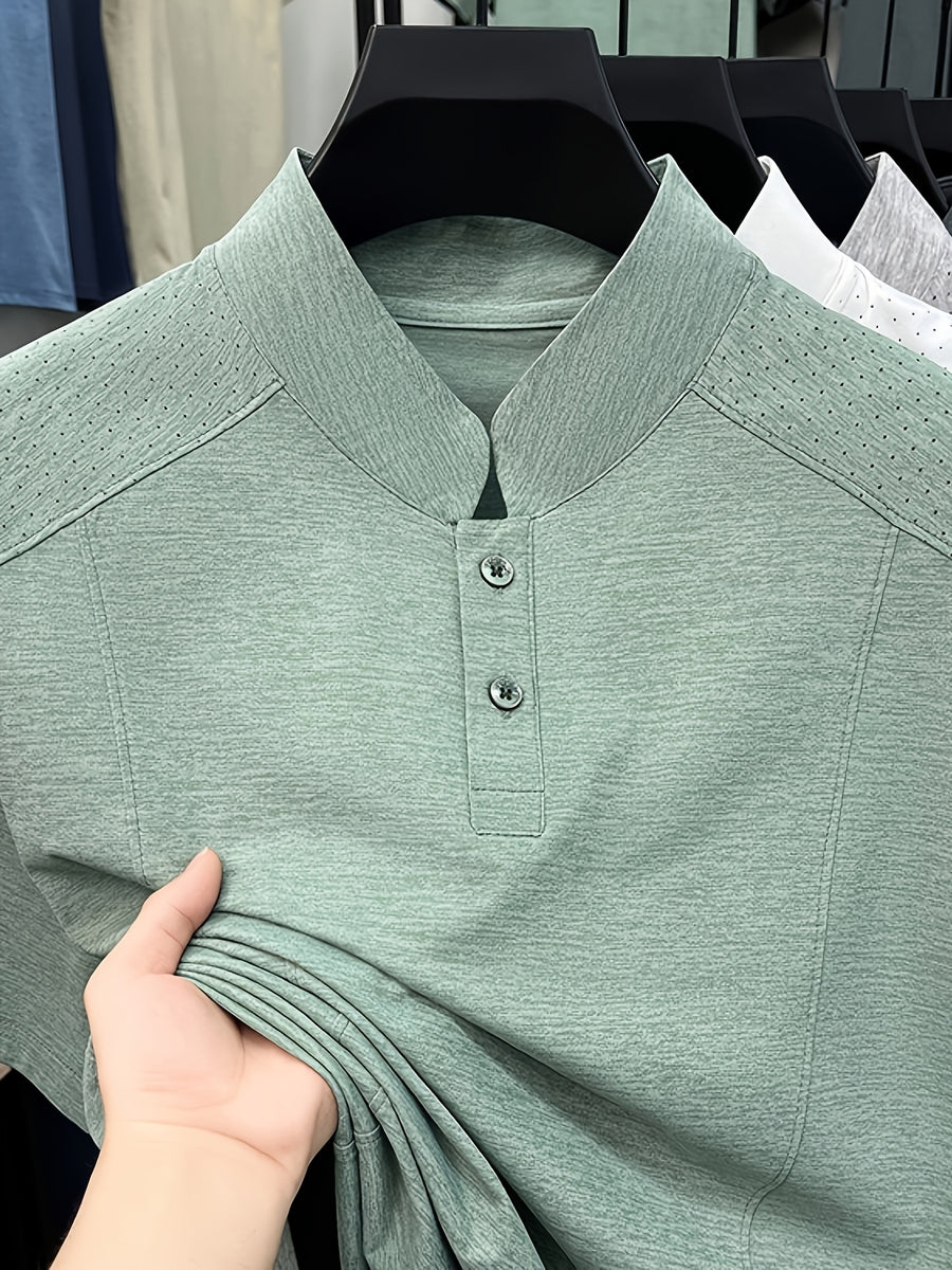 Men's Summer Short-Sleeve Stand Collar T-Shirt - Breathable Small Base Layer Shirt, Solid Color Business Casual Top Suitable for Daily Work Wear, Machine Washable & Dry Cleanable, Asymmetrical Hem - Green