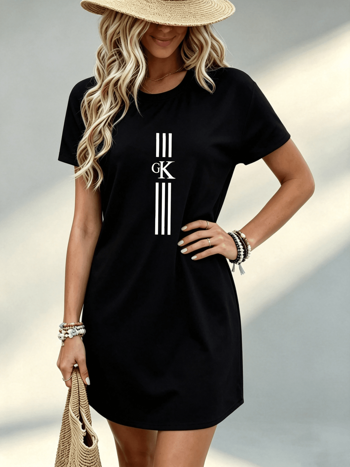 Printed Design - Not Textured, Casual, Women'S Dress, GK Letter Graphic Print, Daily Wear, Gift for Her - Black