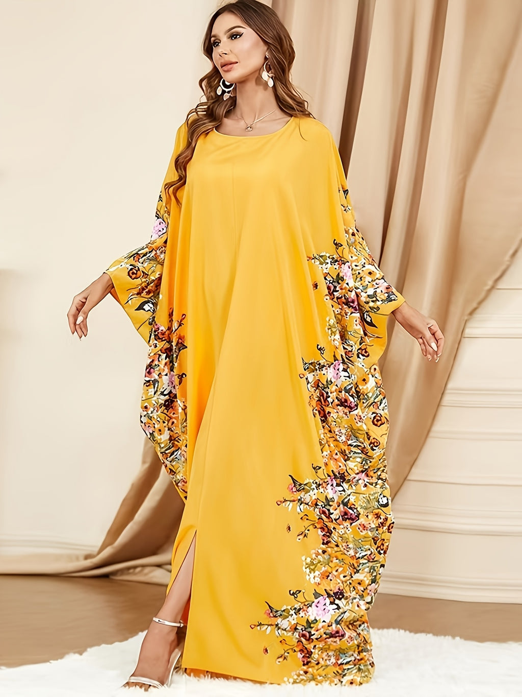 Batwing Sleeve Women's Dress - Golden
