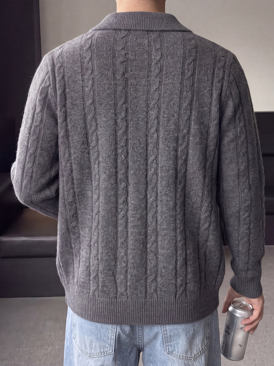 Autumn Winter Men'S Button-Up Sweater, Lapel Sweater Jacket, Solid Color Twisted Rope Cable Pattern, Casual Retro Style, Comfortable Soft Fabric, Men'S Outerwear, Men'S Sweater, Knit - Dark Gray