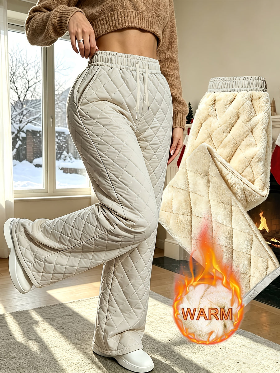 Women's Winter Trendy Fashion Quilted Rhombus Plush-Lined Thickened Pants, -Lined Interior, Windproof Winter Pants, Draping Outer Wear Cold-Proof Casual Long Pants, Suitable for Winter Outings, Shopping, and Work - Khaki