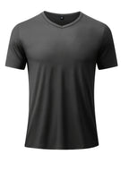 Men's Minimalist Sporty V-Neck Quick-Dry T-Shirt, Lightweight Breathable Moisture-Wicking Polyester Fiber Short-Sleeve Top, Solid Color Slim-Fit Casual Fitness Shirt, Suitable for Fitness, Running, Outdoor, Light Outdoor, and Urban Commuting - Black