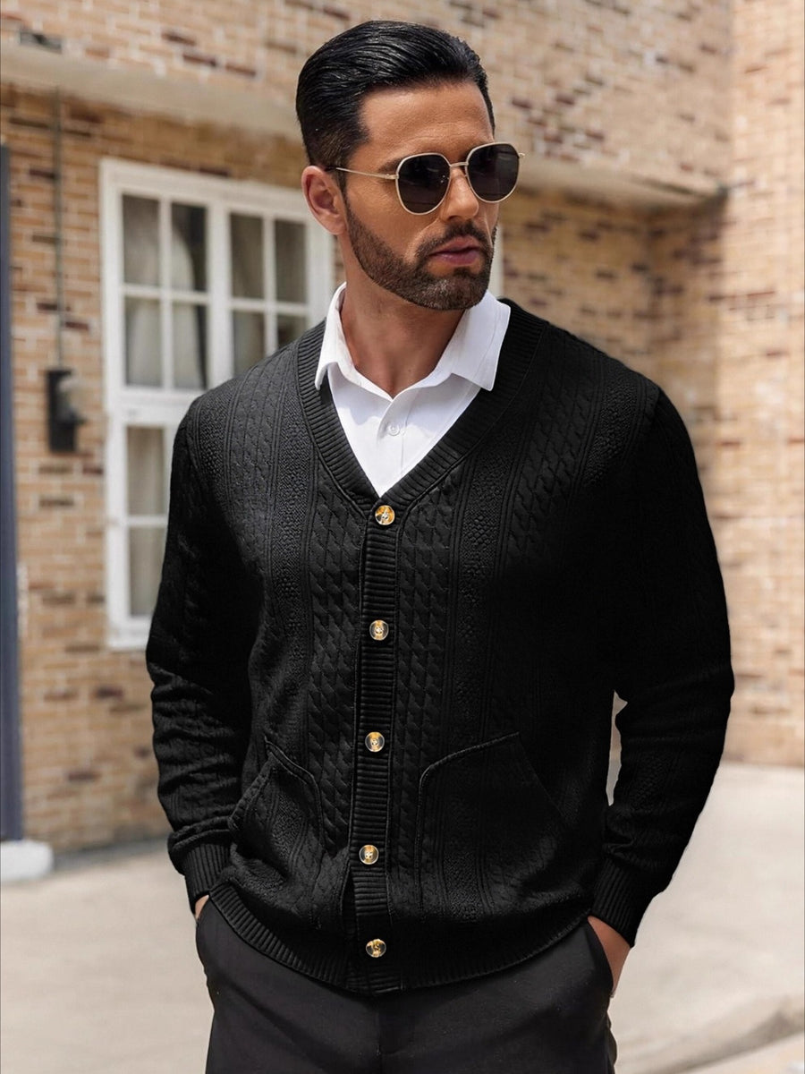 Men'S Casual V-Neck Cardigan Jacket, Retro 3D Jacquard Texture, Button-Front with Double Pockets, Knit Fabric Long Sleeve Top for Commute, Shopping, And Social Gatherings, Light Casual Business Style, Spring/Autumn Relaxed Fit - Black