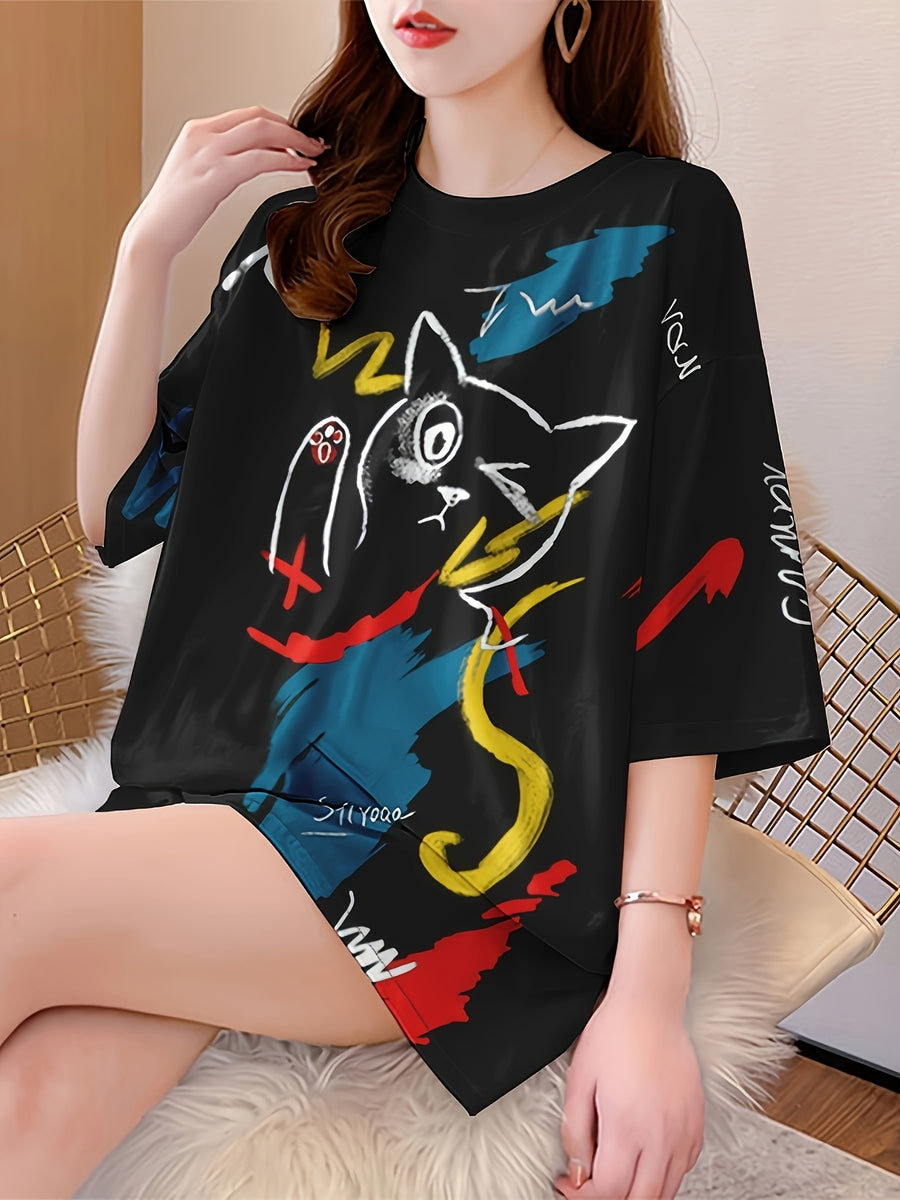 Summer New Fashion Trend Large Size Women'S Slim Loose Medium Long Cartoon Short-Sleeved T-Shirt - Black