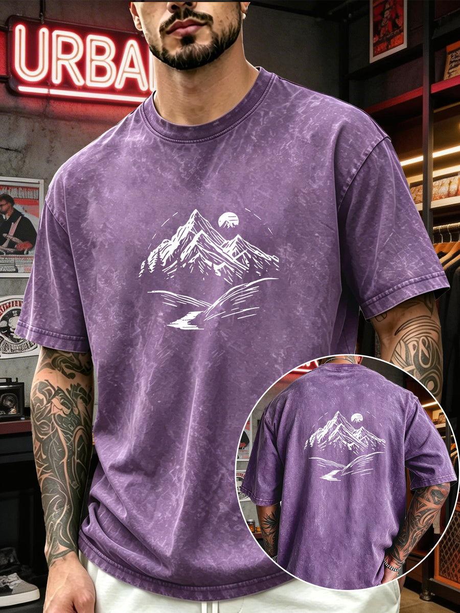 Men's Heavyweight T-Shirt Washed Distressed Fashion Print 2026 Summer New Urban High Street Hiphop Style Vintage Acid Wash Casual Gym Workout Top Pure Cotton Breathable Base Shirt - Purple