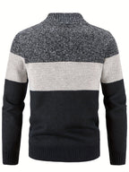 Men'S Casual High Neck Fleece Jacket, Color Block Knit Cardigan, Mid Stretch Zip-Up Fall/Winter Outerwear, Regular Fit with Placket Closure, Thick - Navy Color