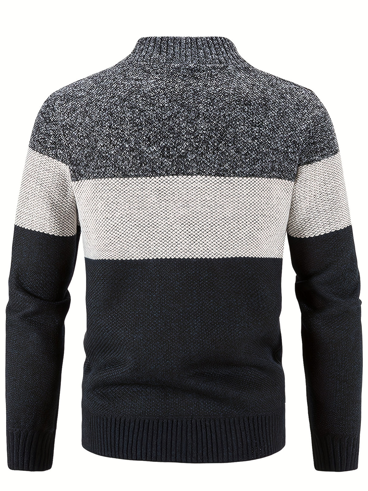 Men'S Casual High Neck Fleece Jacket, Color Block Knit Cardigan, Mid Stretch Zip-Up Fall/Winter Outerwear, Regular Fit with Placket Closure, Thick - Navy Color