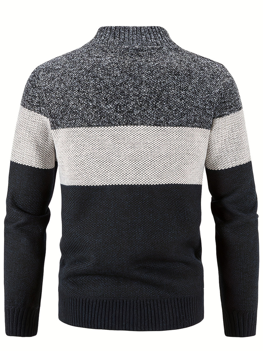 Men'S Casual High Neck Fleece Jacket, Color Block Knit Cardigan, Mid Stretch Zip-Up Fall/Winter Outerwear, Regular Fit with Placket Closure, Thick - Navy Color