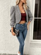 Elegant Houndstooth Pattern Directional Long Sleeve Short Blazer Round Corner Jacket - Black