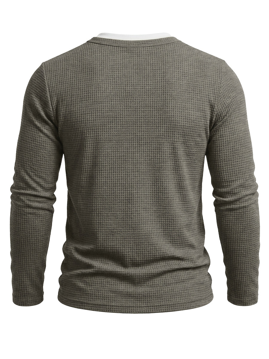 Autumn/Winter Cross-Border Men's Long Sleeve Crew Neck 2-in-1 Look Henley Shirt European and American Men's Pullover Base Layer T-shirt - Dark Gray