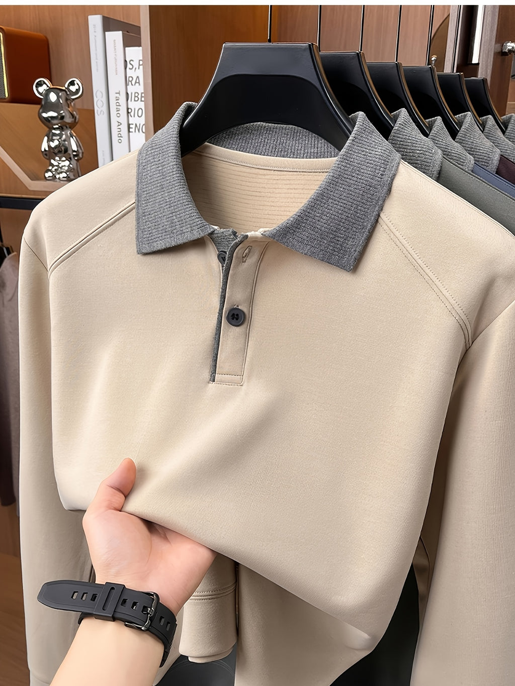 Autumn Contrast Collar Long Sleeve Polo Shirt, Men'S Drop Shoulder Knit Pullover, Spring Autumn Business Casual Base Layer Top, Loose Patchwork Collar T-Shirt, Casual Fishing Top - Beige Camel