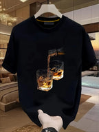 Men's Vintage Whiskey T-Shirt - Black Suitable for Gift with Whiskey Glass & Flame Print, Regular Fit Short Sleeve Casual Round Neck Tee, Machine Washable Gift for Whisky Lovers, Digital Print Design for Casual Attire - Black