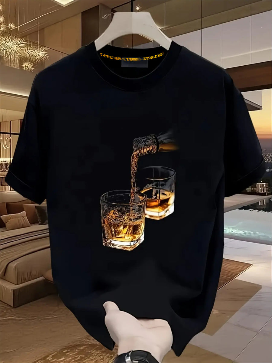 Men's Vintage Whiskey T-Shirt - Black Suitable for Gift with Whiskey Glass & Flame Print, Regular Fit Short Sleeve Casual Round Neck Tee, Machine Washable Gift for Whisky Lovers, Digital Print Design for Casual Attire - Black