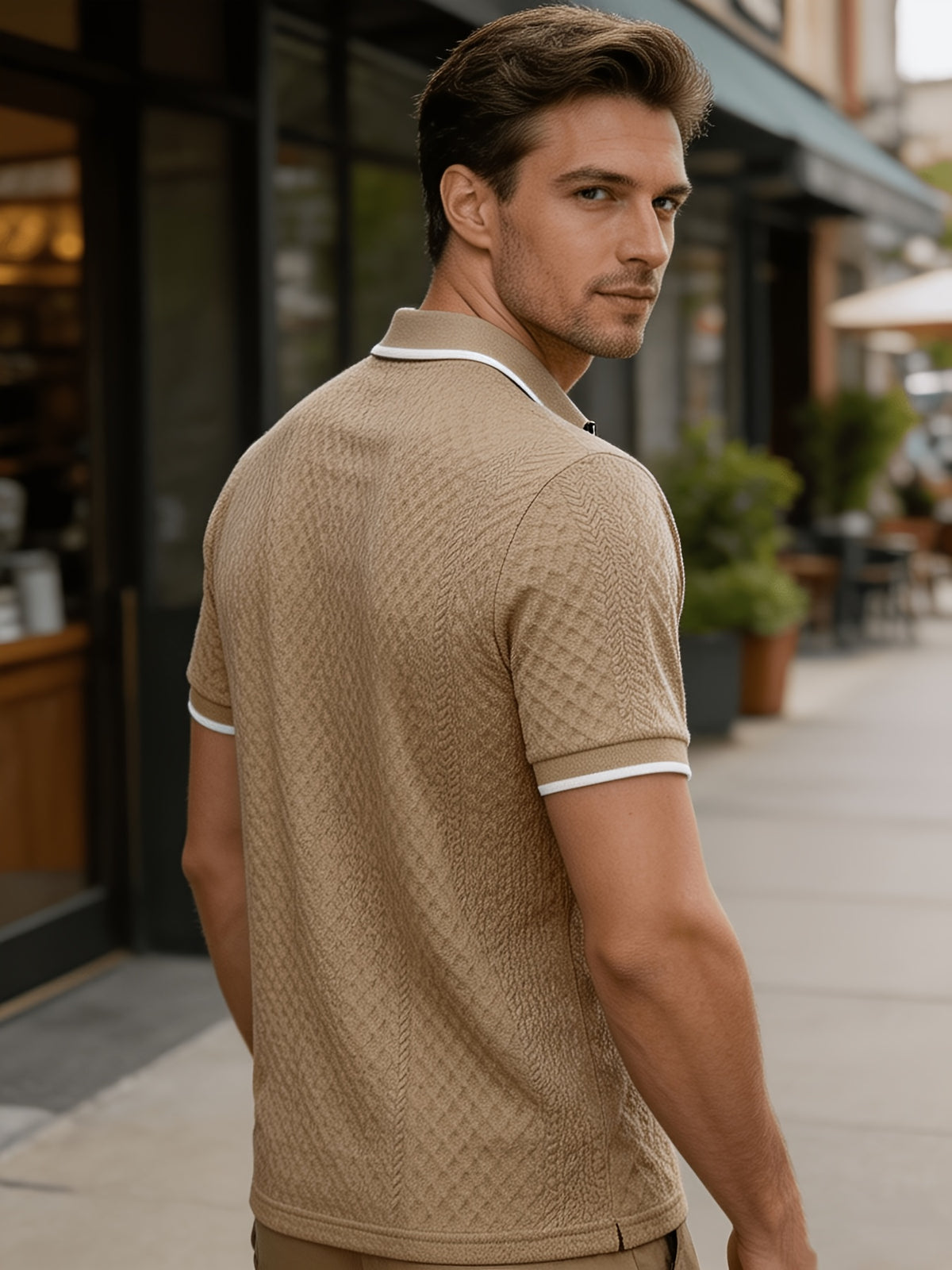 Men'S Quarter-Zip Knit Polo Shirt, Textured Diamond Jacquard Short Sleeve Top, Summer Golf Casual Office Street Wear - Khaki