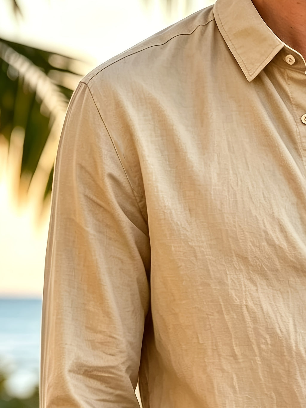 Vacation Style Men'S Summer Long Sleeve Shirt, Classic Lapel Single-Breasted Design, Multiple Basic Solid Colors Available, Suitable for Daily Commute And Beach Travel (Shirt) - Khaki
