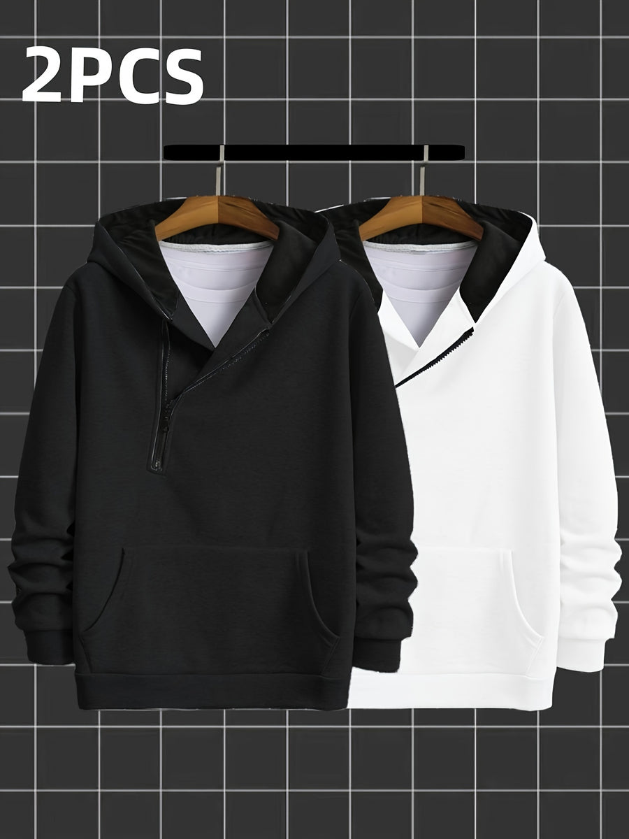 2pcs Novelty Diagonal Zipper Hoodie, Men's Casual Stretch Hooded Sweatshirt Jacket, Men's Sportswear - Black And White