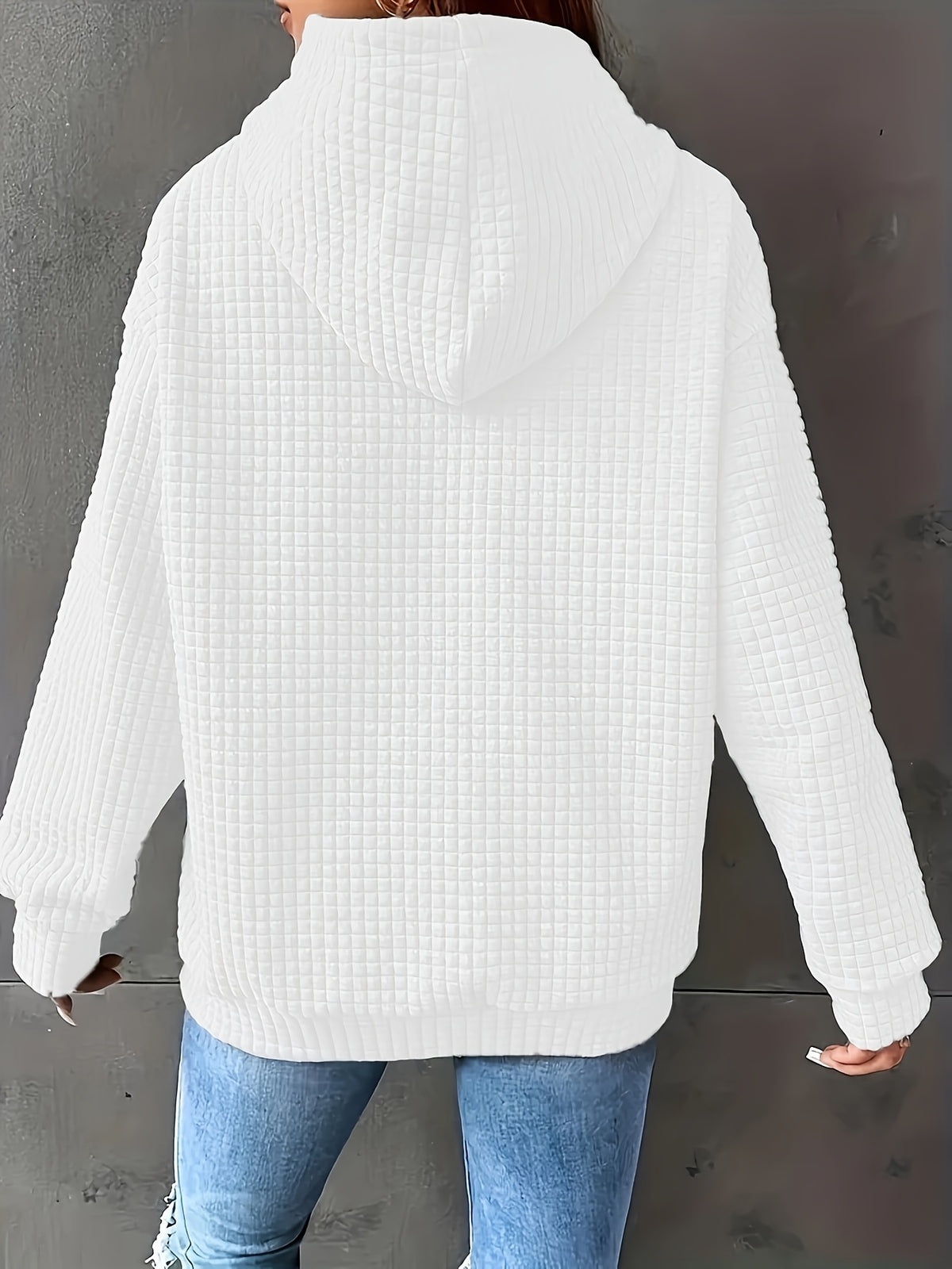 Women's Autumn/Winter Waffle Hooded Long-Sleeve Solid Color Sweatshirt - Ivory White