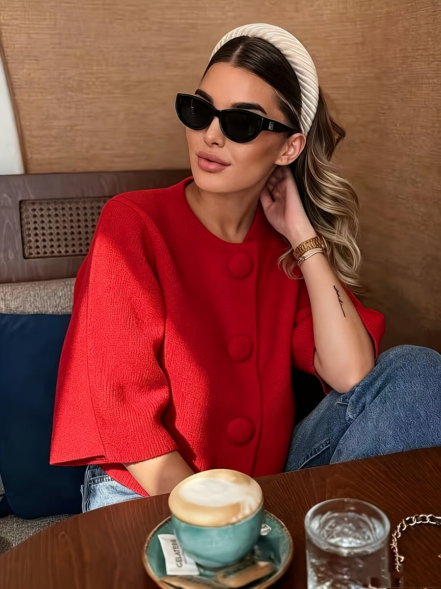 French-Style Large Button Cardigan - Oversized Cropped Top with Flared Bell Sleeves, Round Neck Button-Front Closure, Medium Stretch Suitable for - Layering, Elegant Office to Weekend Wear - Red