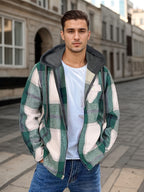 Men's Flannel Jacket Sherpa Lined Shirt Jacket Plaid Zip Up Hoodie Winter Warm Coats with Hood - Malachite Green