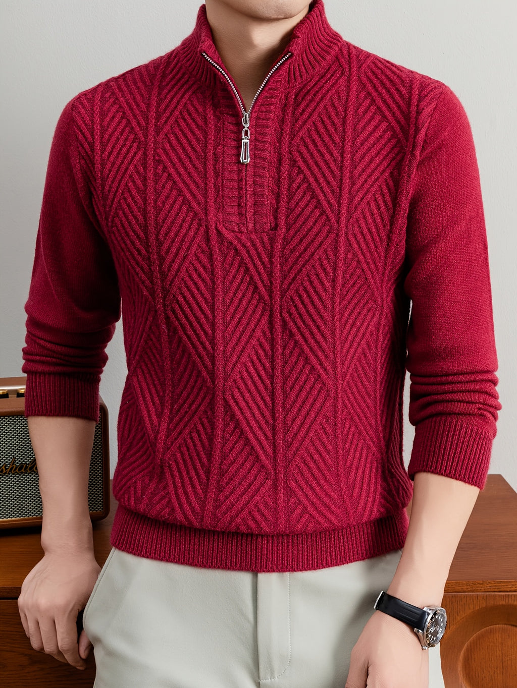 Men's Half-Zip Stand Collar Sweater with Zippered Panel & Striped Jacquard Knit - Warm Winter Pullover, Stretchable Stand Collar Suitable for Casual Office Wear, Layering Top, Hand Washable Regular Fit Blazer Compatible - Burgundy