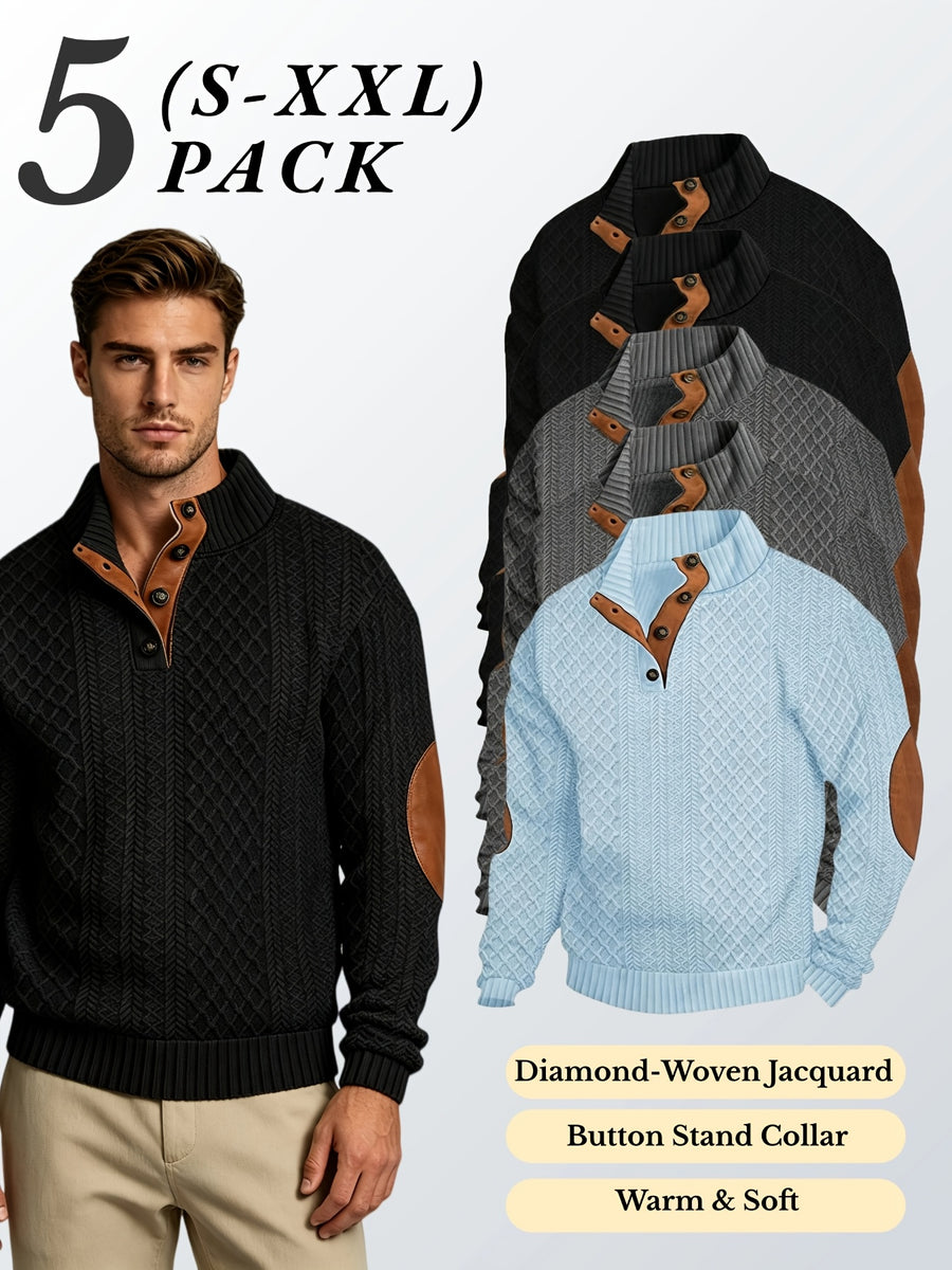 5pcs Set Men's Textured Jacquard Knit Vintage Casual Button-Up Stand Collar Long Sleeve Top, Versatile Basic Solid Color for Autumn/Winter Outings and Home Wear - Black 2 + Dark Gray 2 + Sky Blue