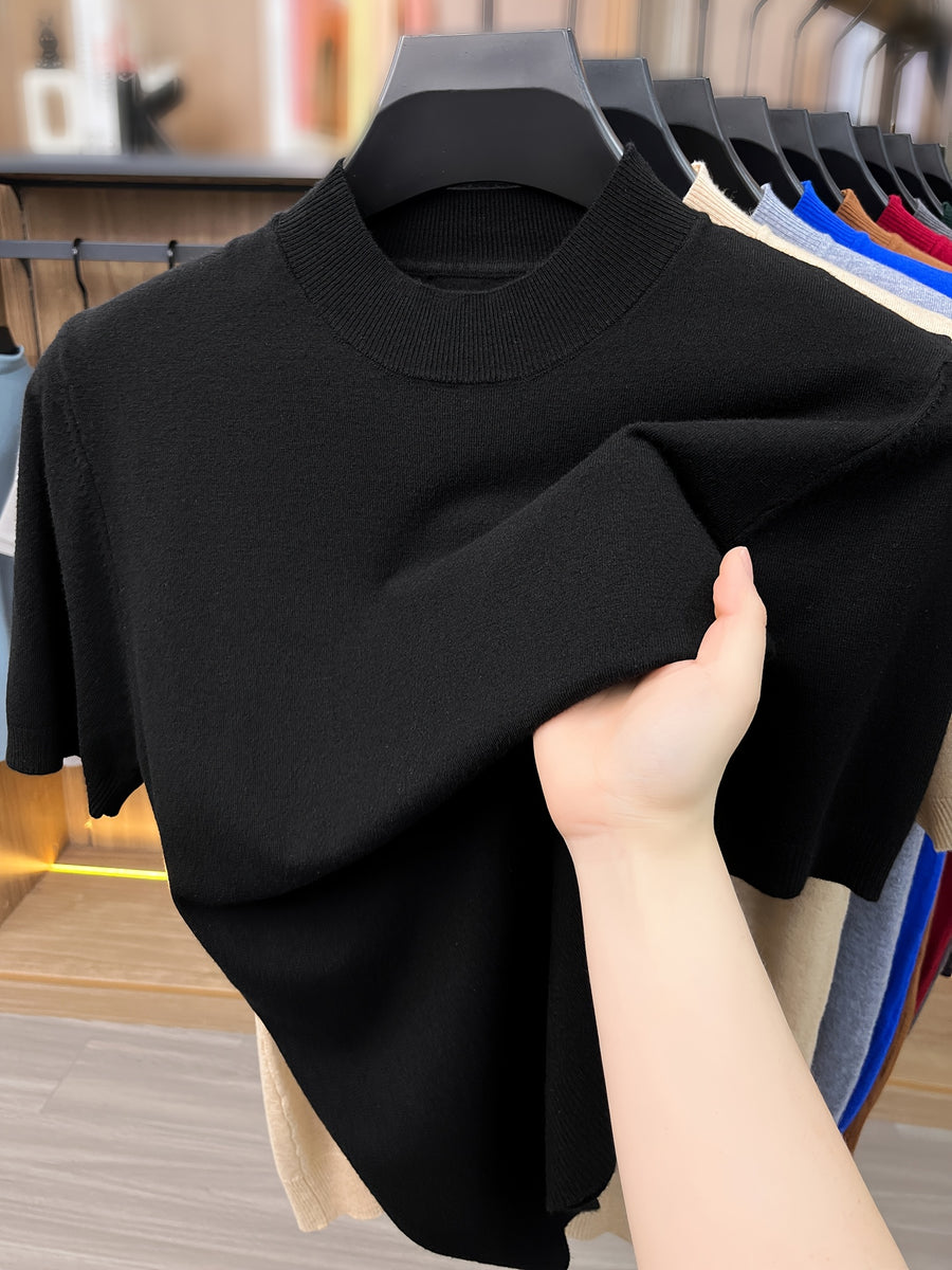 [Wading Whale OBM] 1pc Spring Summer New Men'S Knit Pullover Sweater, Old Money Style Textured Solid Color Short Sleeve T-Shirt, Casual Fashion Thin Breathable Ribbed Pullover Sweater Base Layer Top, Suitable for Spring And Summer Wear - Black
