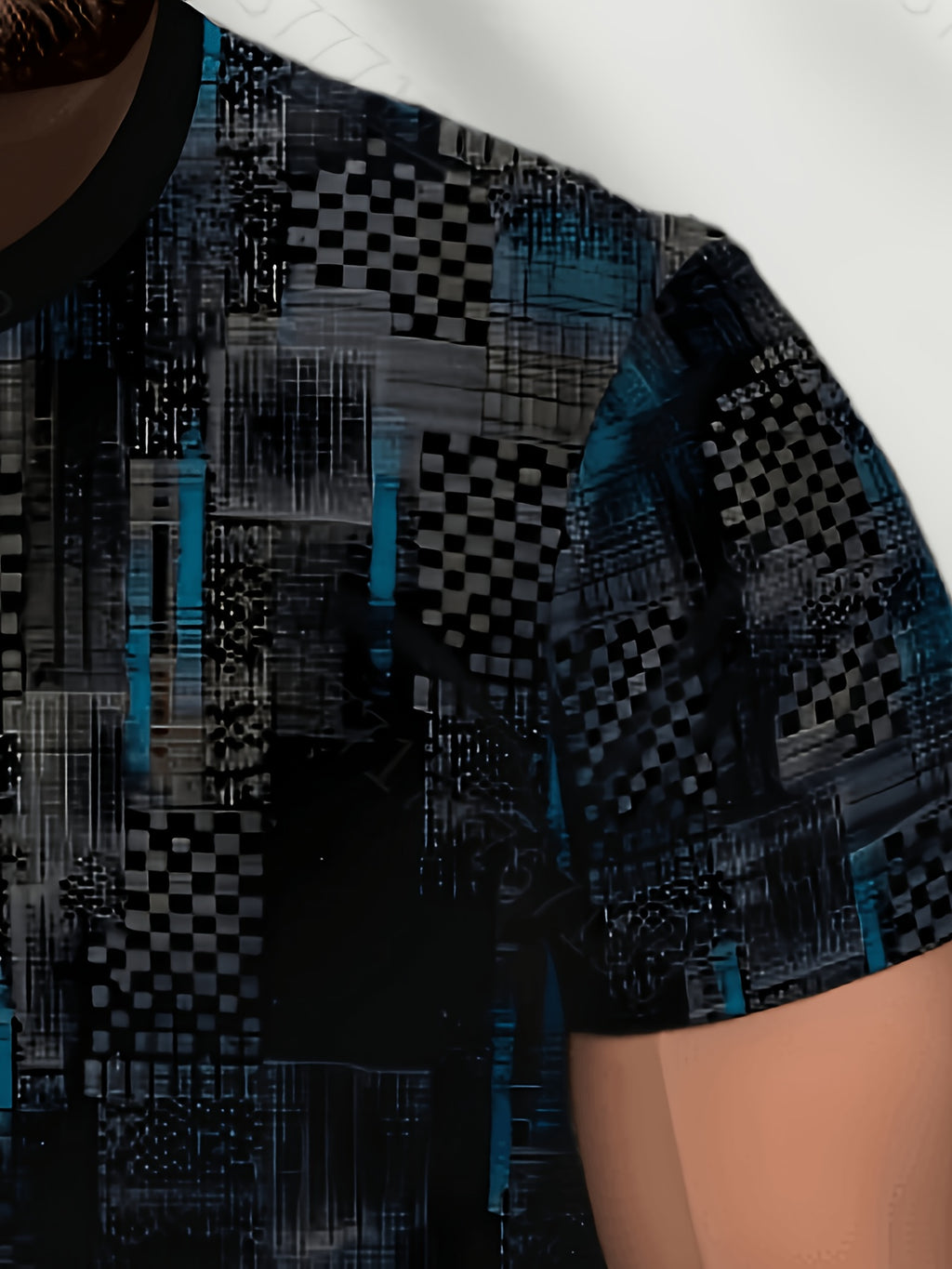 2026 Men'S All-Match Breathable Comfortable New Casual Top, Black Gray Blue Plaid Patchwork Print T-Shirt, Men'S Round Neck Short Sleeve Business Casual Top, Low-Key Premium, Plaid Patchwork, Abstract Lines, Dark Tone Texture, Daily Casual Wear - Mixed colors