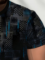 2026 Men'S All-Match Breathable Comfortable New Casual Top, Black Gray Blue Plaid Patchwork Print T-Shirt, Men'S Round Neck Short Sleeve Business Casual Top, Low-Key Premium, Plaid Patchwork, Abstract Lines, Dark Tone Texture, Daily Casual Wear - Mixed colors