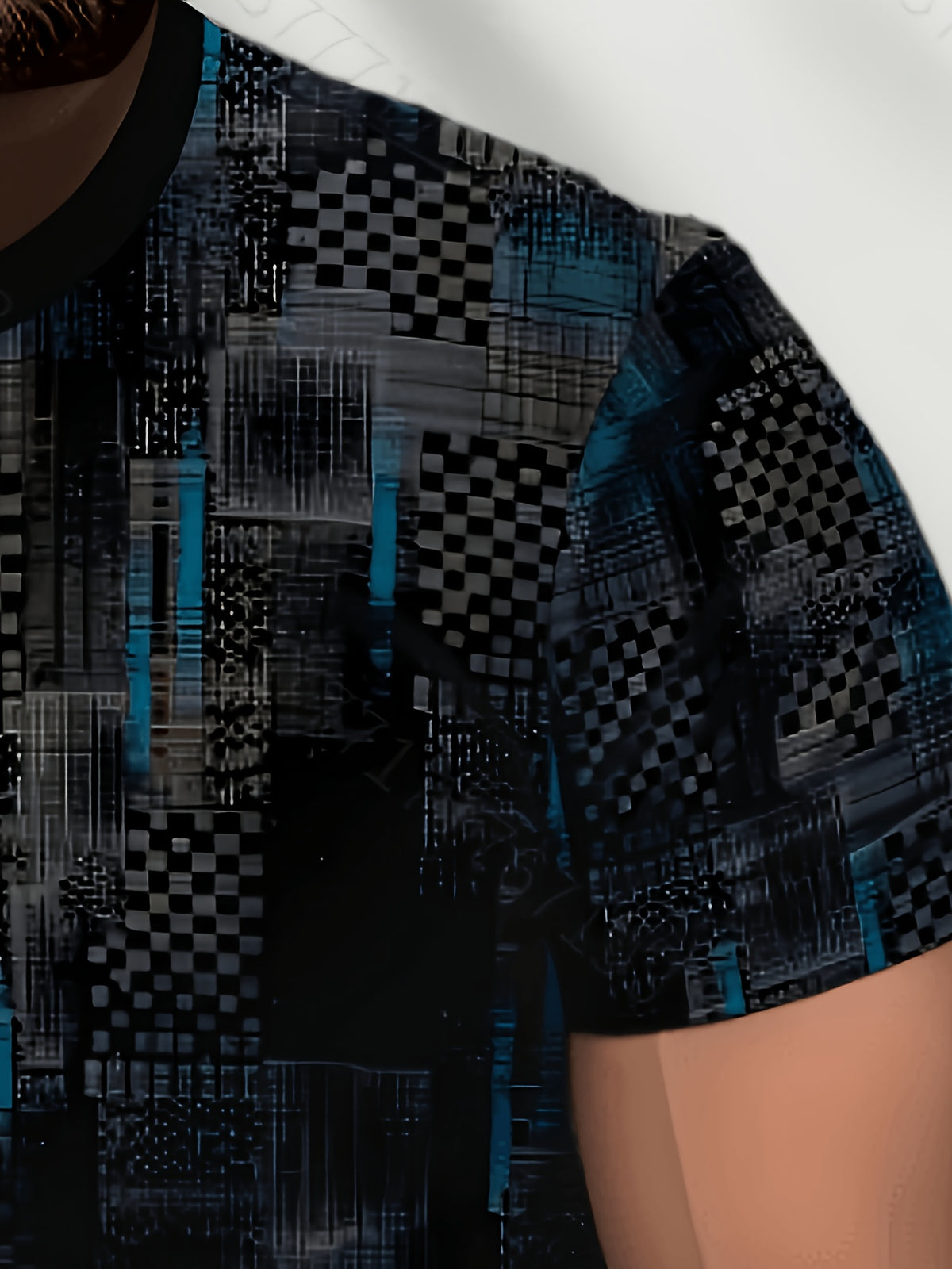 2026 Men'S All-Match Breathable Comfortable New Casual Top, Black Gray Blue Plaid Patchwork Print T-Shirt, Men'S Round Neck Short Sleeve Business Casual Top, Low-Key Premium, Plaid Patchwork, Abstract Lines, Dark Tone Texture, Daily Casual Wear - Mixed colors