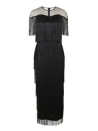 Women'S Sexy Tassel Long Dress Fashion See-Through Mesh Slim Fit Dress Prom Gown Party Celebration Event - Black