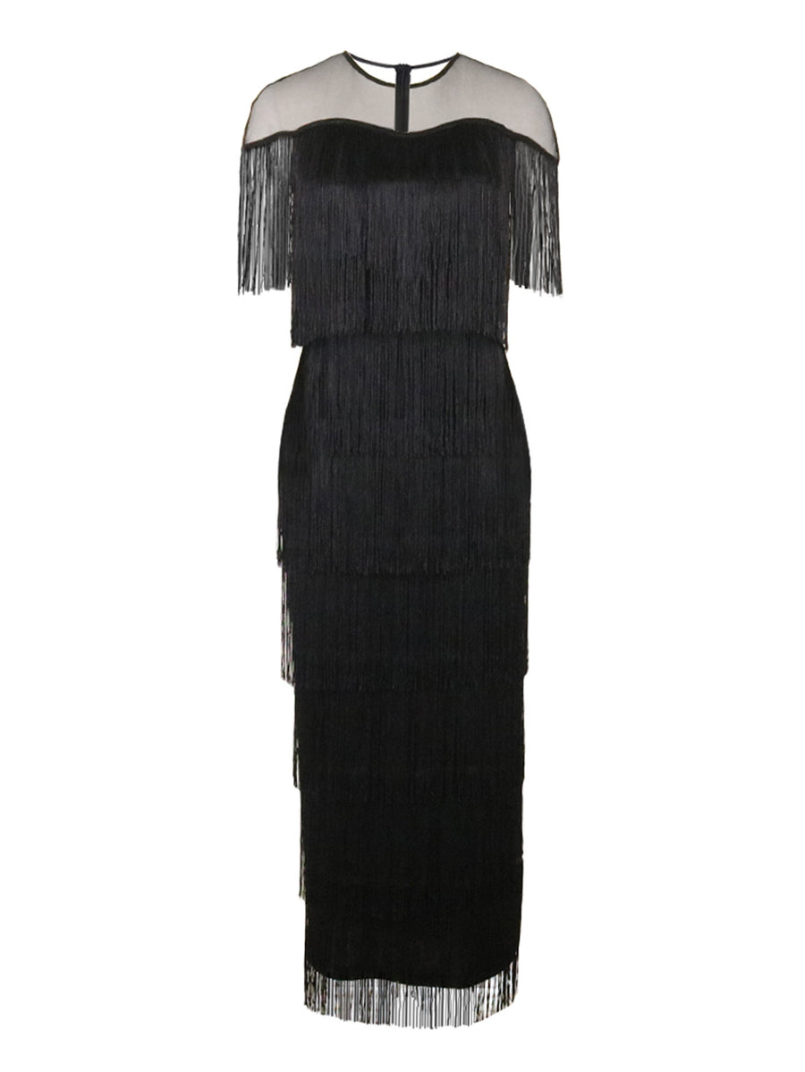 Women'S Sexy Tassel Long Dress Fashion See-Through Mesh Slim Fit Dress Prom Gown Party Celebration Event - Black