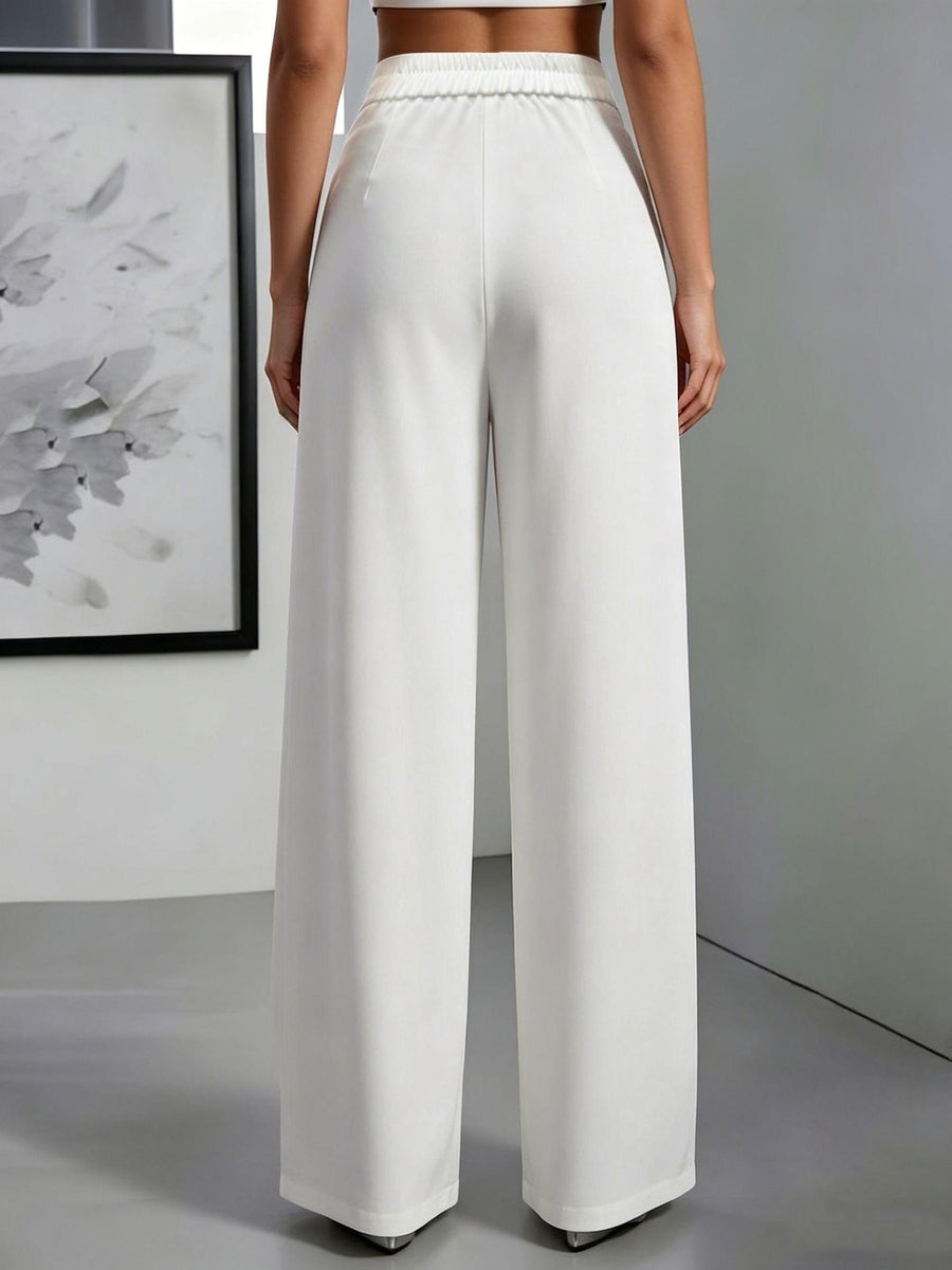 High-Waisted Draped Wide-Leg Pants for Women, Designer Twist Knot Metal Buckle, Elegant Commuter Advanced Feel Long Pants - White