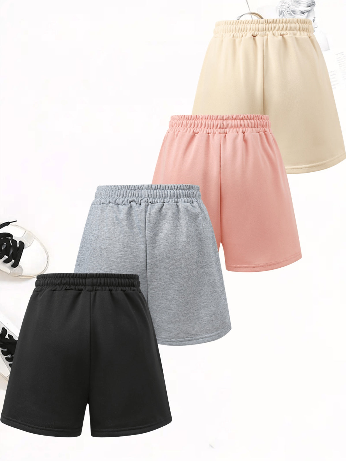 4pcs Women's Elegant Casual Jogger Shorts - Heart Paw Print, Drawstring Loose Fit Summer Vacation Sweatpants, Machine Washable - Black+grey+pink+apricot