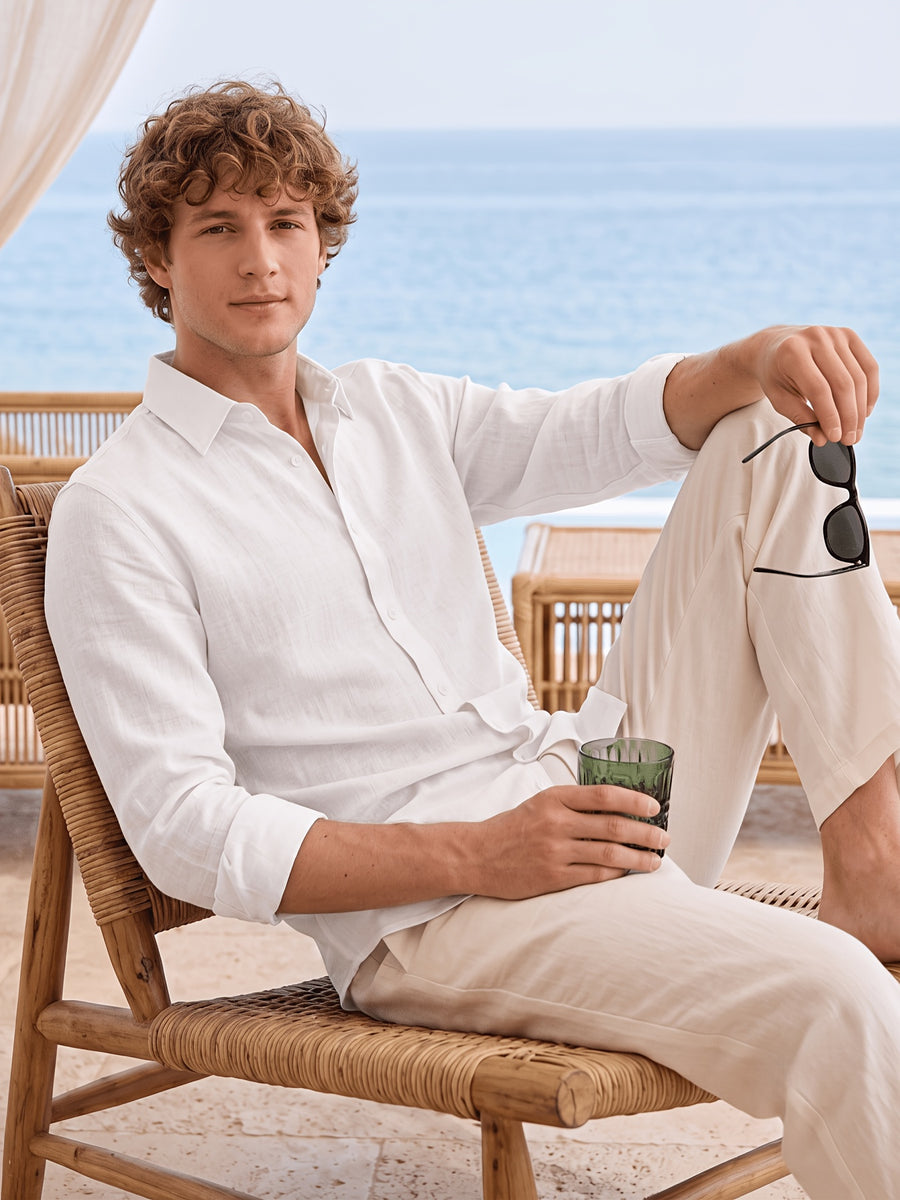 Men'S Anti-Moth Long-Sleeved Square-Neck Shirt, Lightweight And Breathable Solid Color Business-Casual Shirt, Loose-Fitting All-Match Basic Shirt for Spring And Summer Commuting And Vacation. Available in Multiple Colors - White