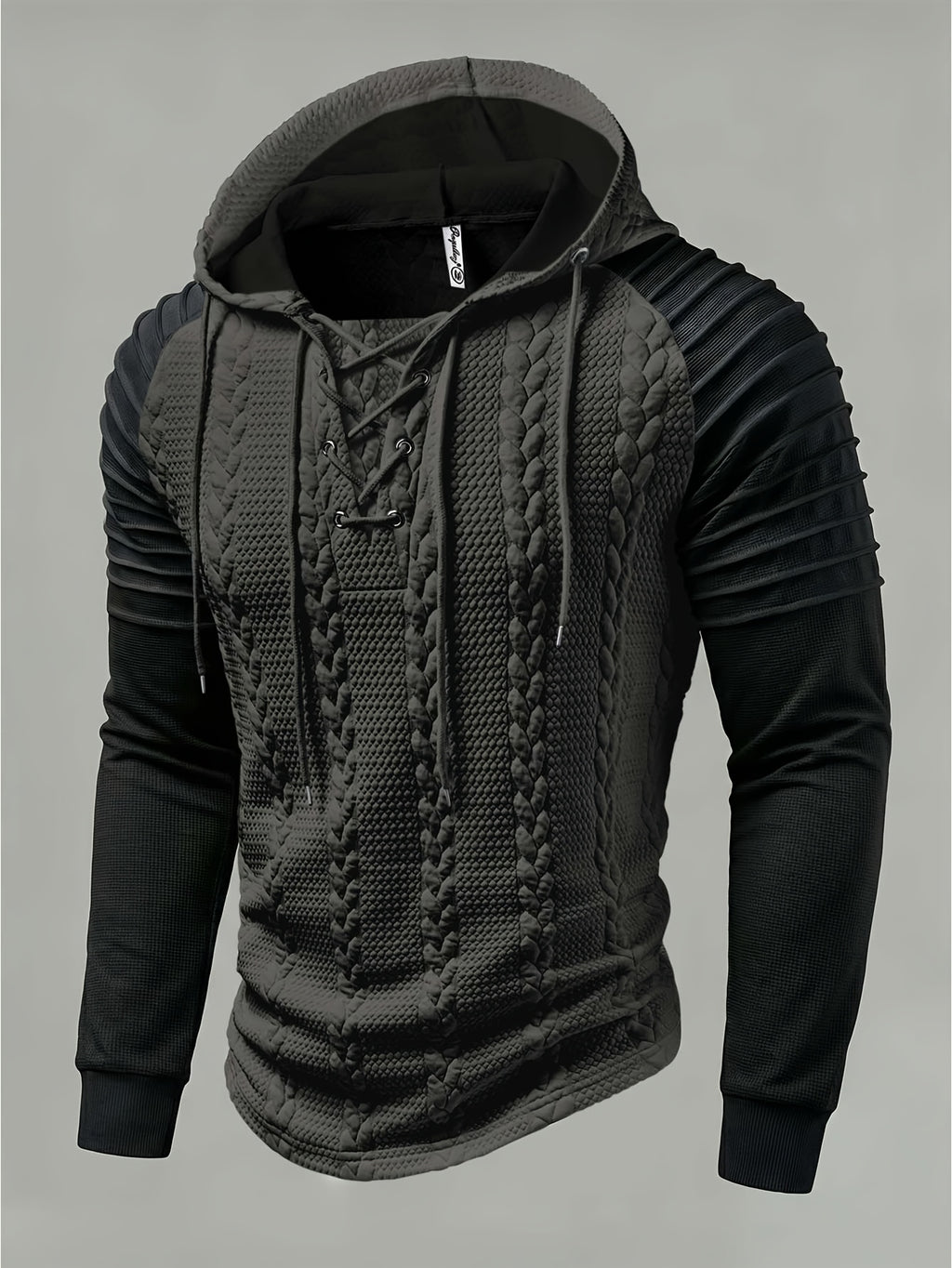 ROYALBOY Textured Jacquard Fabric Contrast Color Pleated Ribbed Sleeves Drawstring Design Fashionable Outdoor Casual Hooded Sportswear Top, Autumn Menswear - Grey