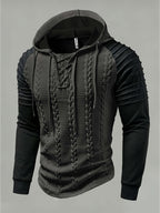 ROYALBOY Textured Jacquard Fabric Contrast Color Pleated Ribbed Sleeves Drawstring Design Fashionable Outdoor Casual Hooded Sportswear Top, Autumn Menswear - Grey