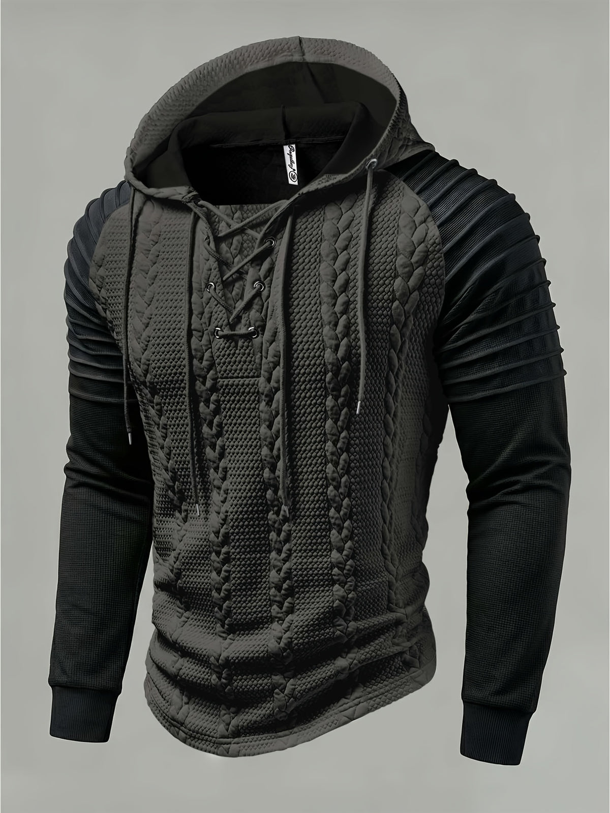 ROYALBOY Textured Jacquard Fabric Contrast Color Pleated Ribbed Sleeves Drawstring Design Fashionable Outdoor Casual Hooded Sportswear Top, Autumn Menswear - Grey