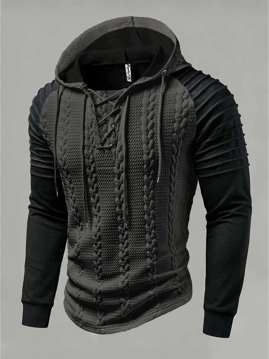 ROYALBOY Textured Jacquard Fabric Contrast Color Pleated Ribbed Sleeves Drawstring Design Fashionable Outdoor Casual Hooded Sportswear Top, Autumn Menswear - Grey