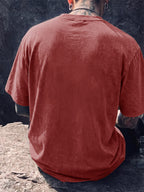 Short-sleeve T-shirt, Half-sleeve Top with a Small Joyful Face and Simple Circular Logo Print on the Chest, Trendy Print Available in 12 Colors for  Mix-and-match. Made of Pure Cotton with a Washed and Distressed Effect, Featuring a Loose Fit. - Burgundy