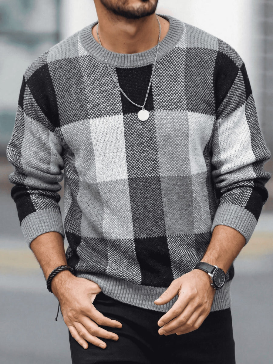 Men'S Casual Color-Block Checkered Design Loose Knit Pullover, Trendy Blocked Long Sleeve Round Neck Sweater, Suitable for Fall Winter Wear, Fashion Statement Piece - Graphite Color